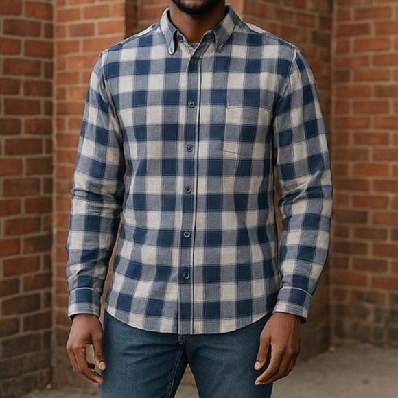 American Eagle Men’s Large Gray/Blue Plaid Long Sleeve Button Up Slim Fit - Picture 1 of 4